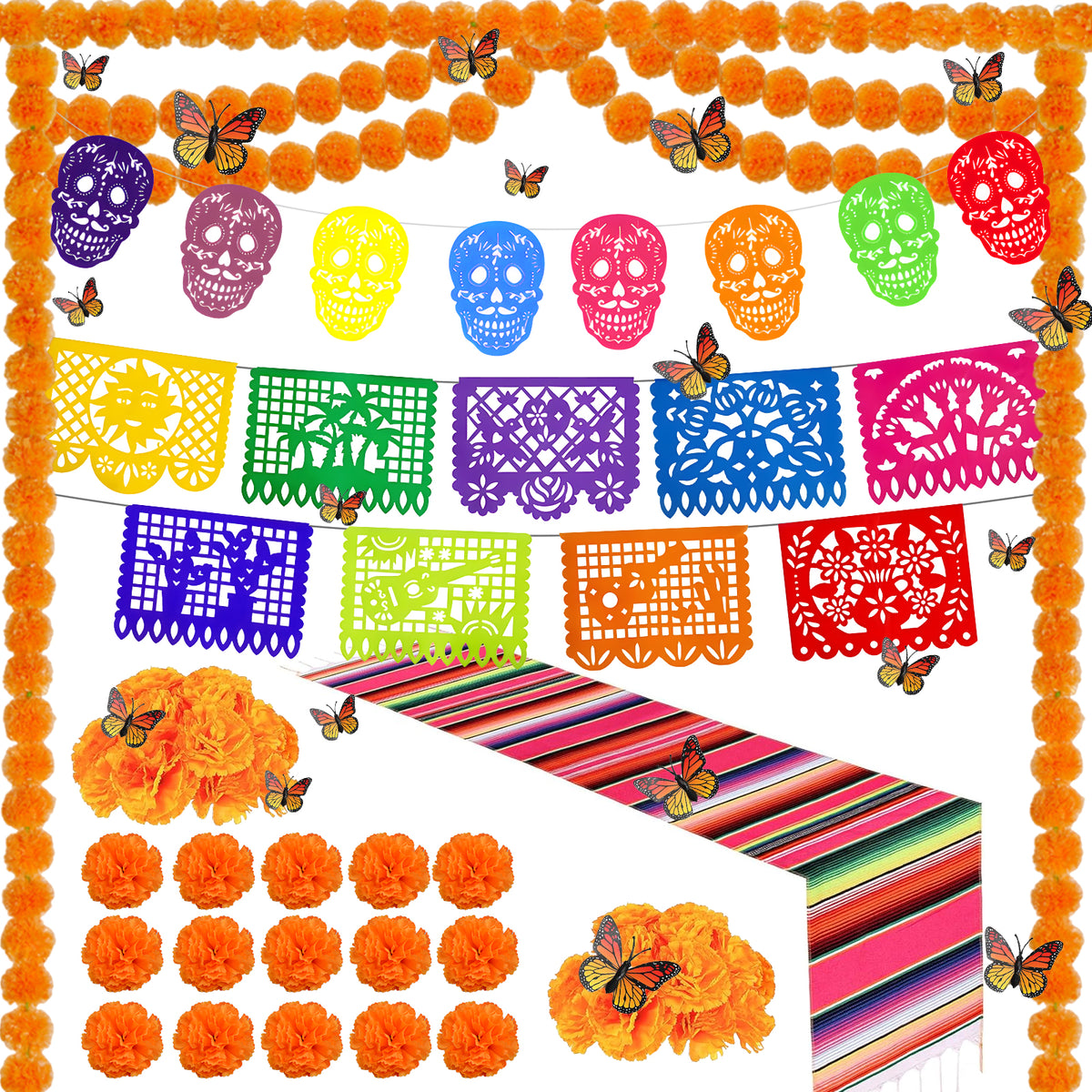 Dia De Los Muertos Decorations Ofrenda Kit 94 Pcs, Day of the Dead Decor for Altar, Papel Picado, Marigold Flowers, Garlands, Monarch Butterflies, Felt Skulls Banner, Table Runner