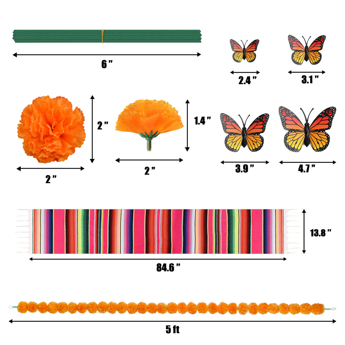 Dia De Los Muertos Decorations Ofrenda Kit 94 Pcs, Day of the Dead Decor for Altar, Papel Picado, Marigold Flowers, Garlands, Monarch Butterflies, Felt Skulls Banner, Table Runner