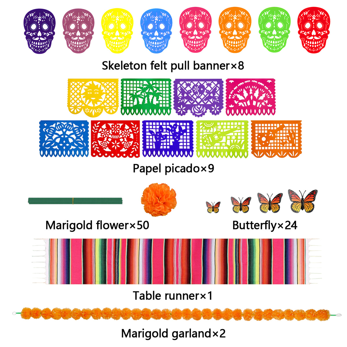 Dia De Los Muertos Decorations Ofrenda Kit 94 Pcs, Day of the Dead Decor for Altar, Papel Picado, Marigold Flowers, Garlands, Monarch Butterflies, Felt Skulls Banner, Table Runner