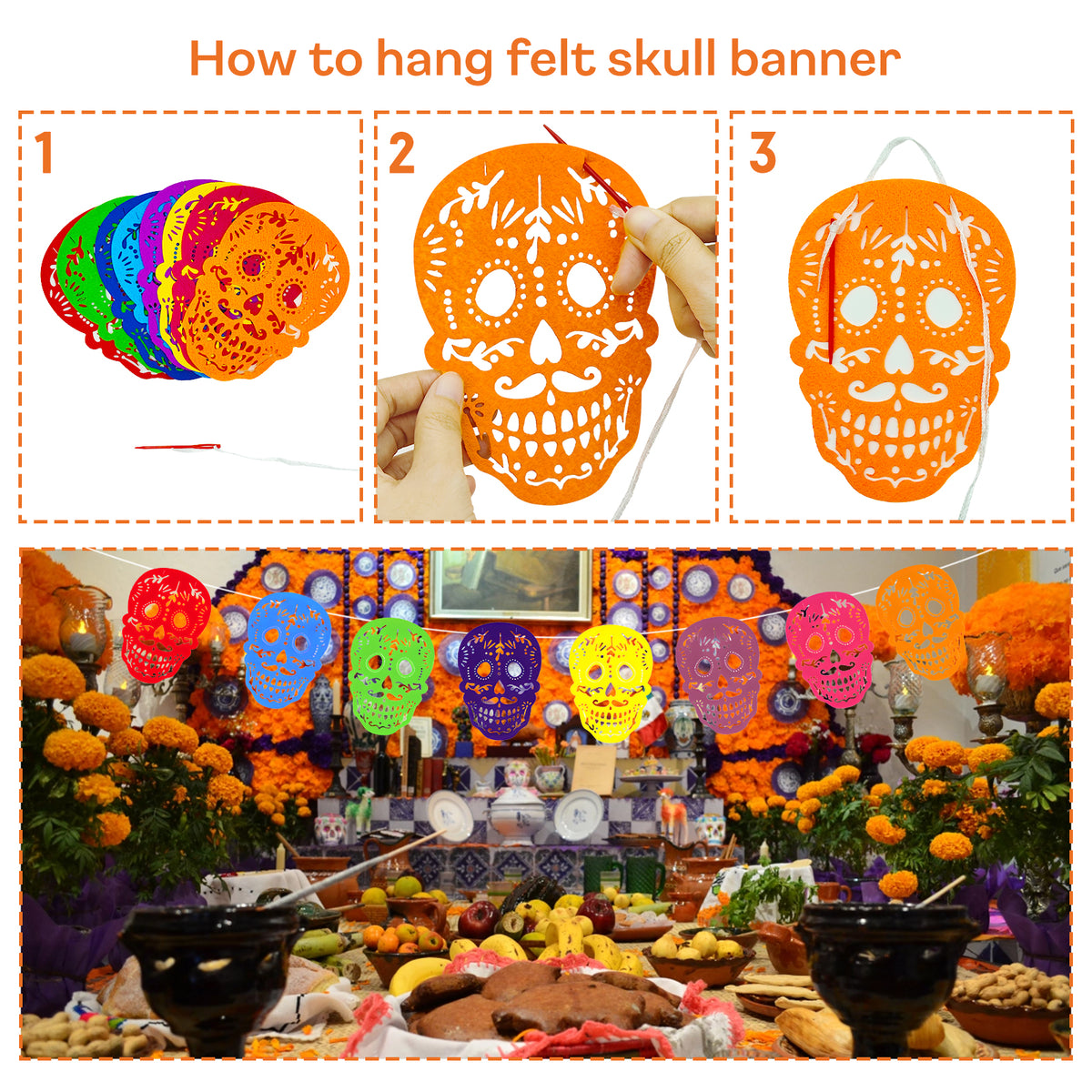 Dia De Los Muertos Decorations Ofrenda Kit 94 Pcs, Day of the Dead Decor for Altar, Papel Picado, Marigold Flowers, Garlands, Monarch Butterflies, Felt Skulls Banner, Table Runner